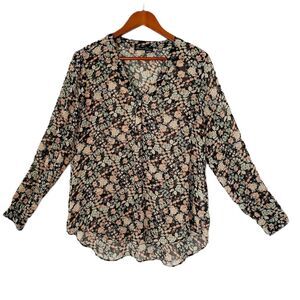 Rose & Olive Blouse Women Medium Black Multicolor Floral Sheer Cottage Boho